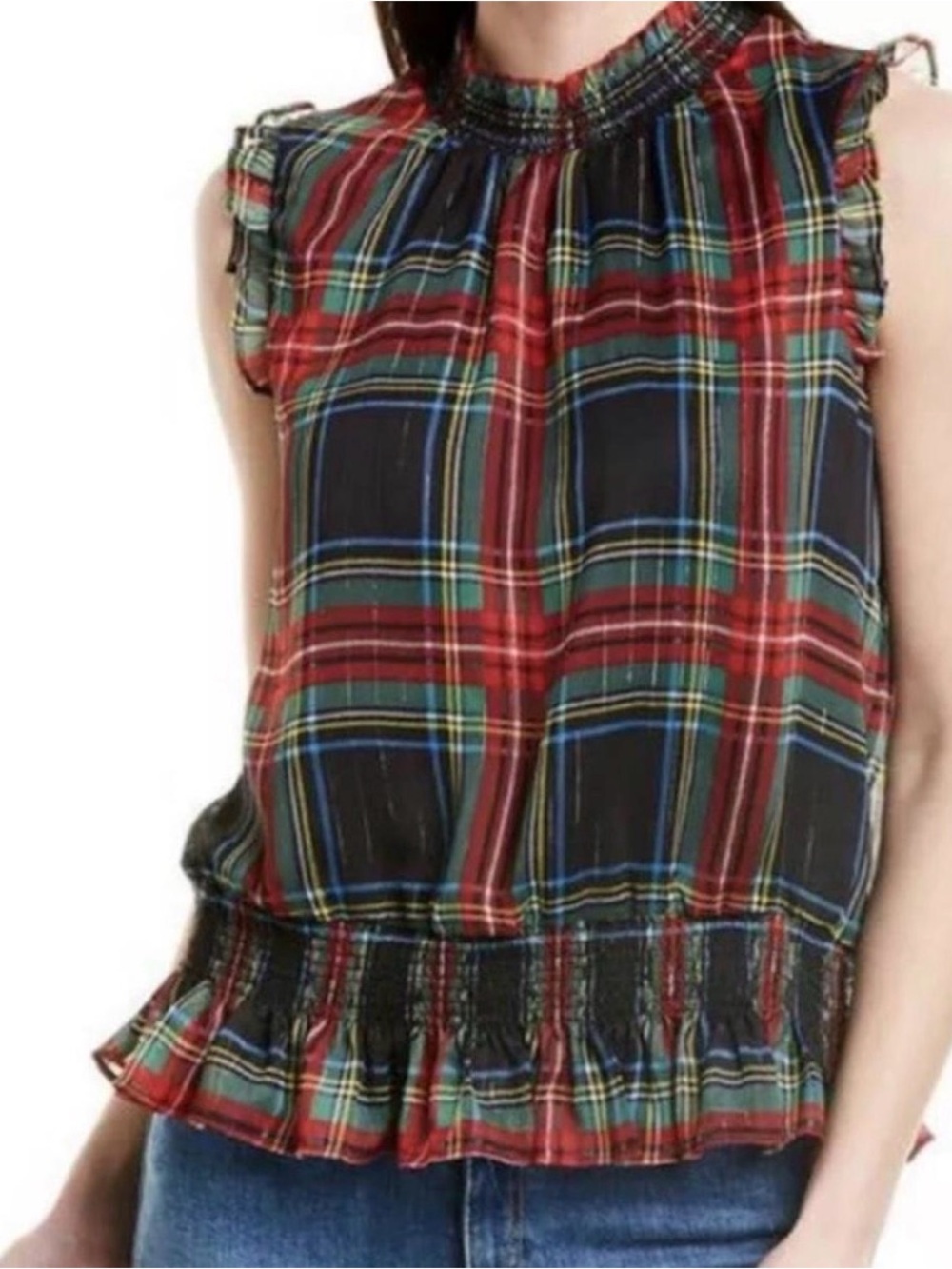NWOT J. Crew Red Black Multicolor Plaid Ruffled Smocked Sleeveless Top
